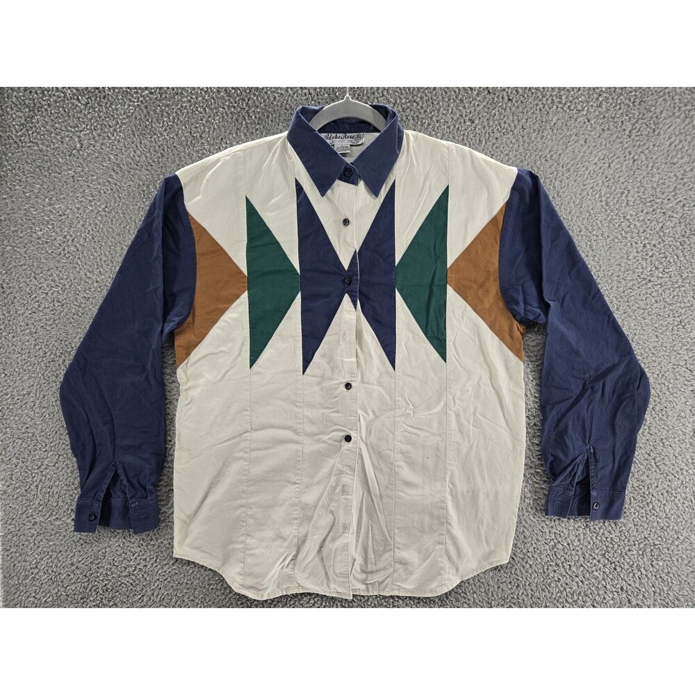 Vintage Adobe Rose Shirt Mens Large Blue Brown Southwestern Aztec Cotton 90s